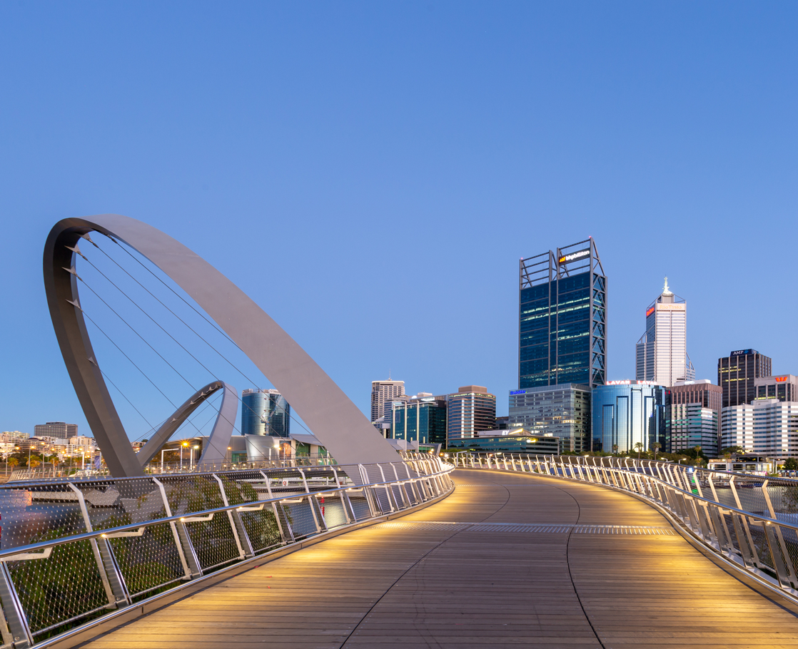 Elizabeth Quay Bridge with Perth city skyline in background